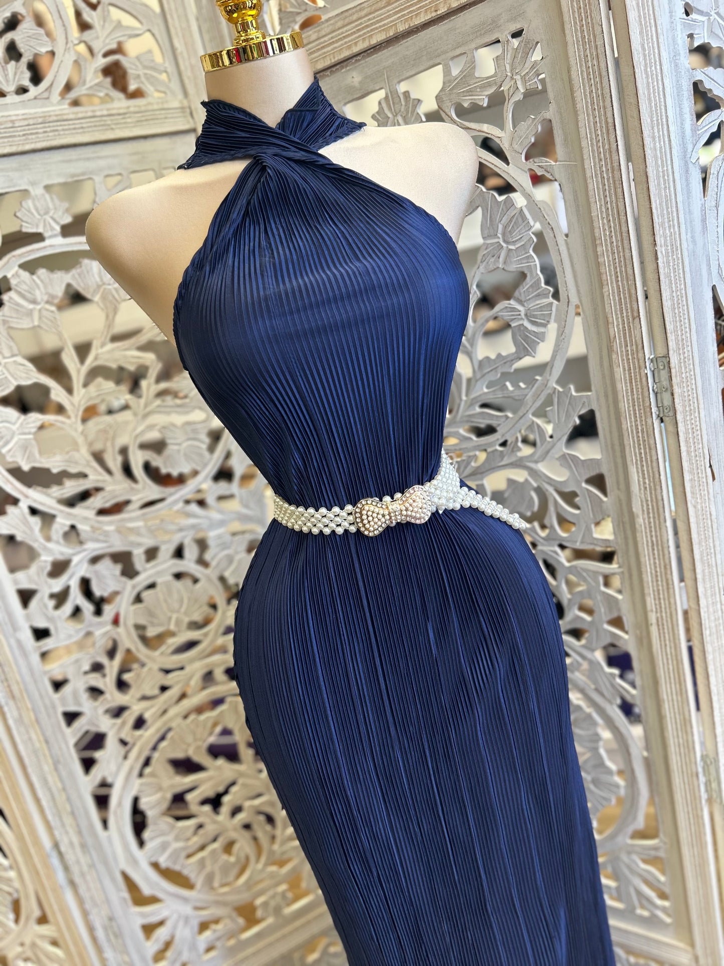 Midnight Blue Scrunched Twisted Front Dress- Stretchy