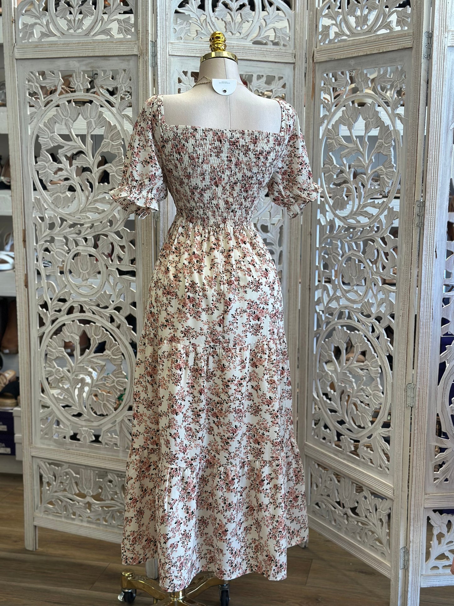 Floral Smocked Off Shoulder Maxi Dress - Estira, Stretchy