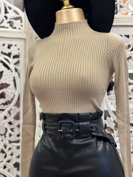 Beige Ribbed Mock Neck Blouse