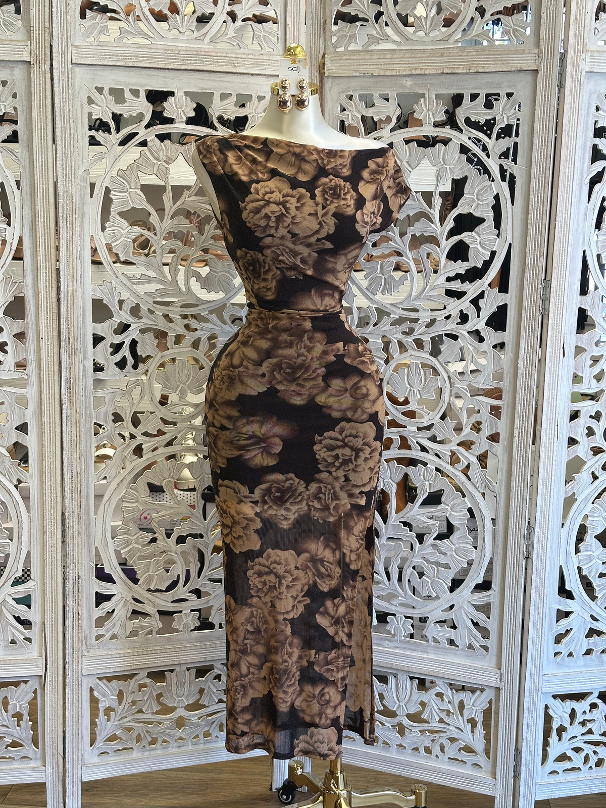 Sepia Bloom Column Dress- Estira, Stretchy