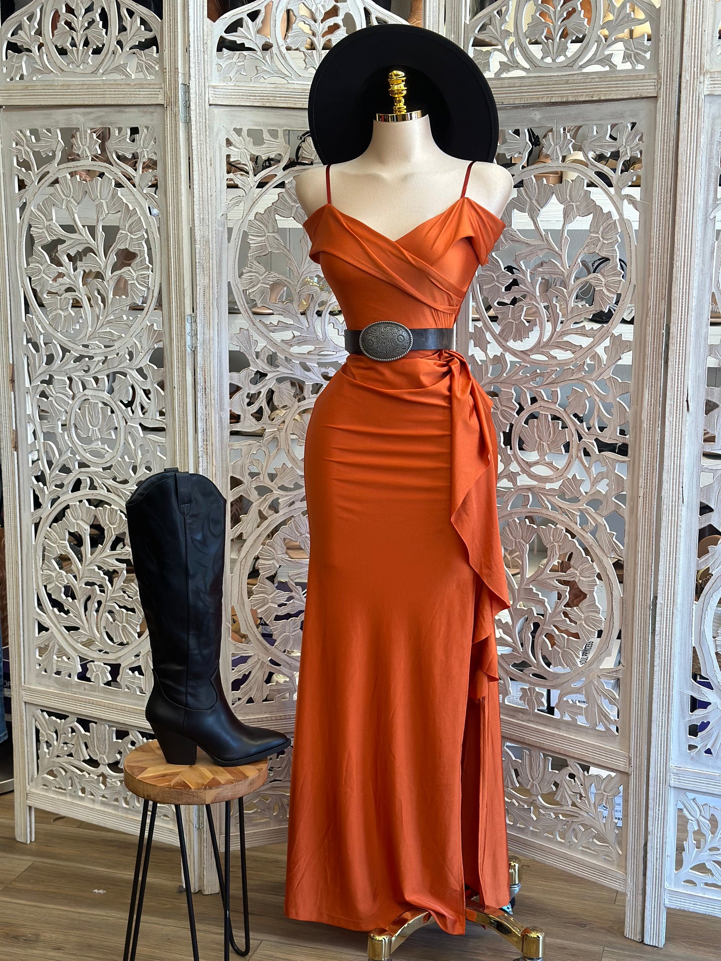 Burnt Orange Off Shoulder Gown - Estira, Stretchy