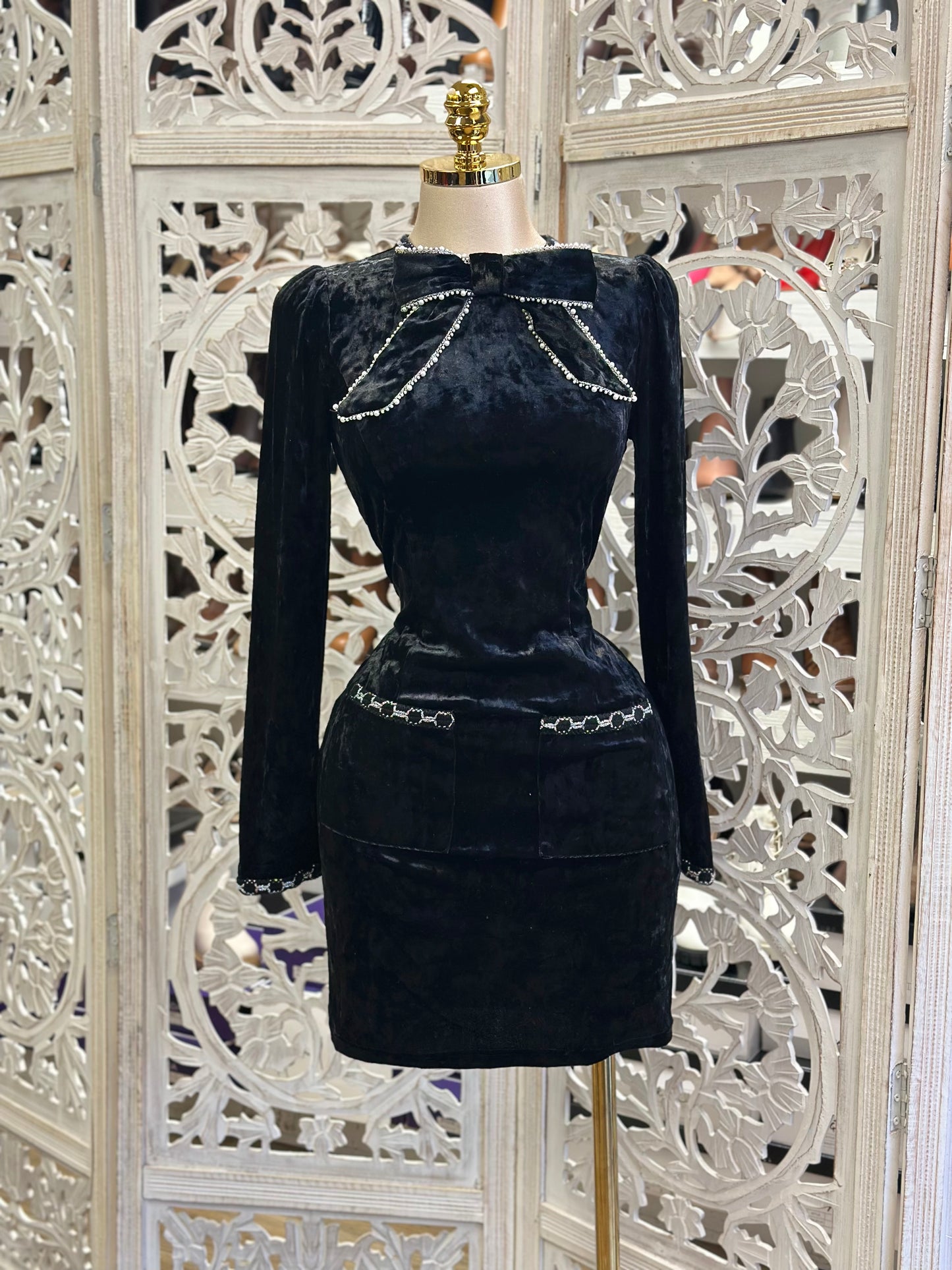 Velvet Bow Embellished Night Dress- Stretchy,Estira