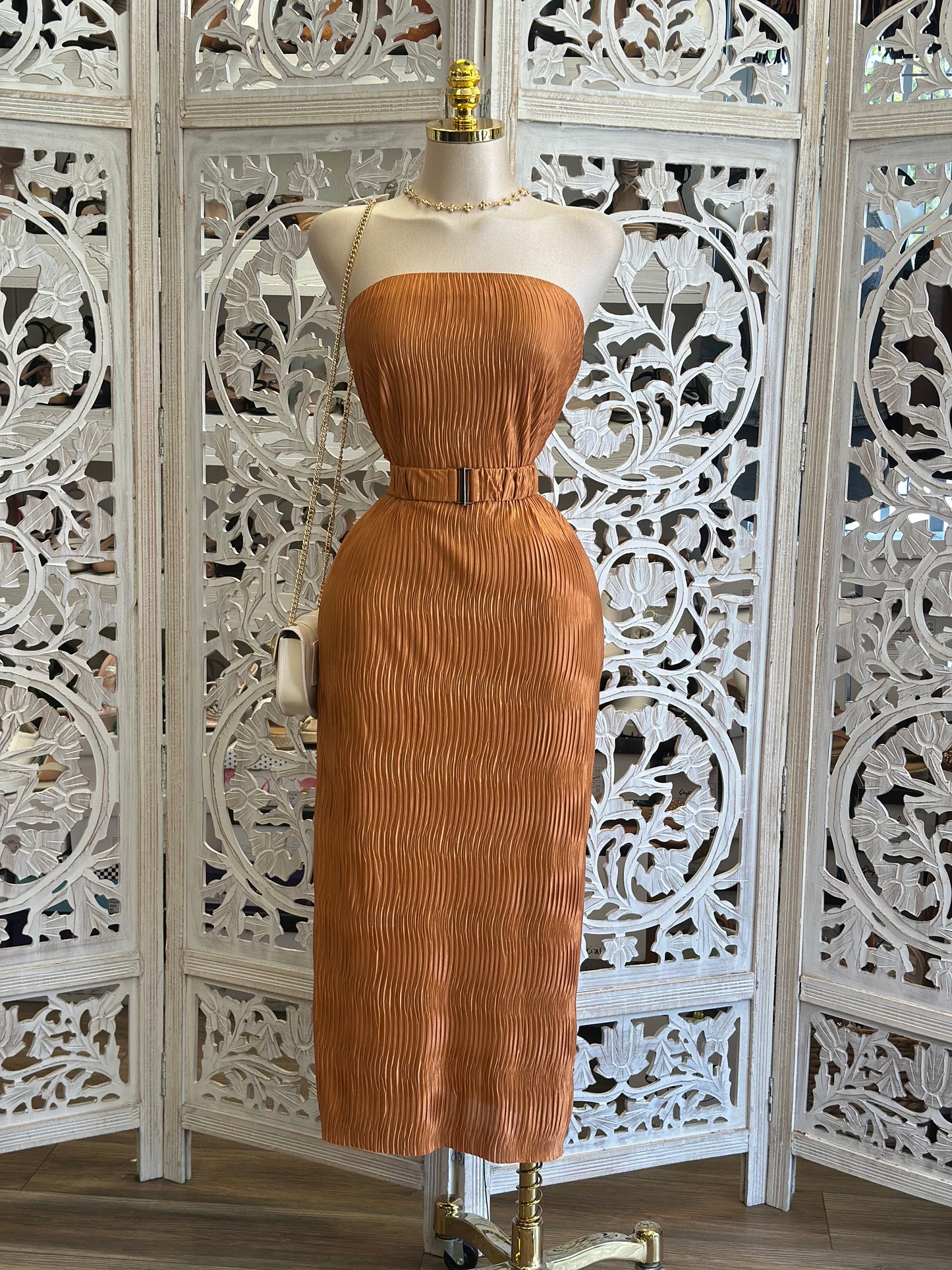 Brick Pleated Midi Dress- Stretchy, Estira