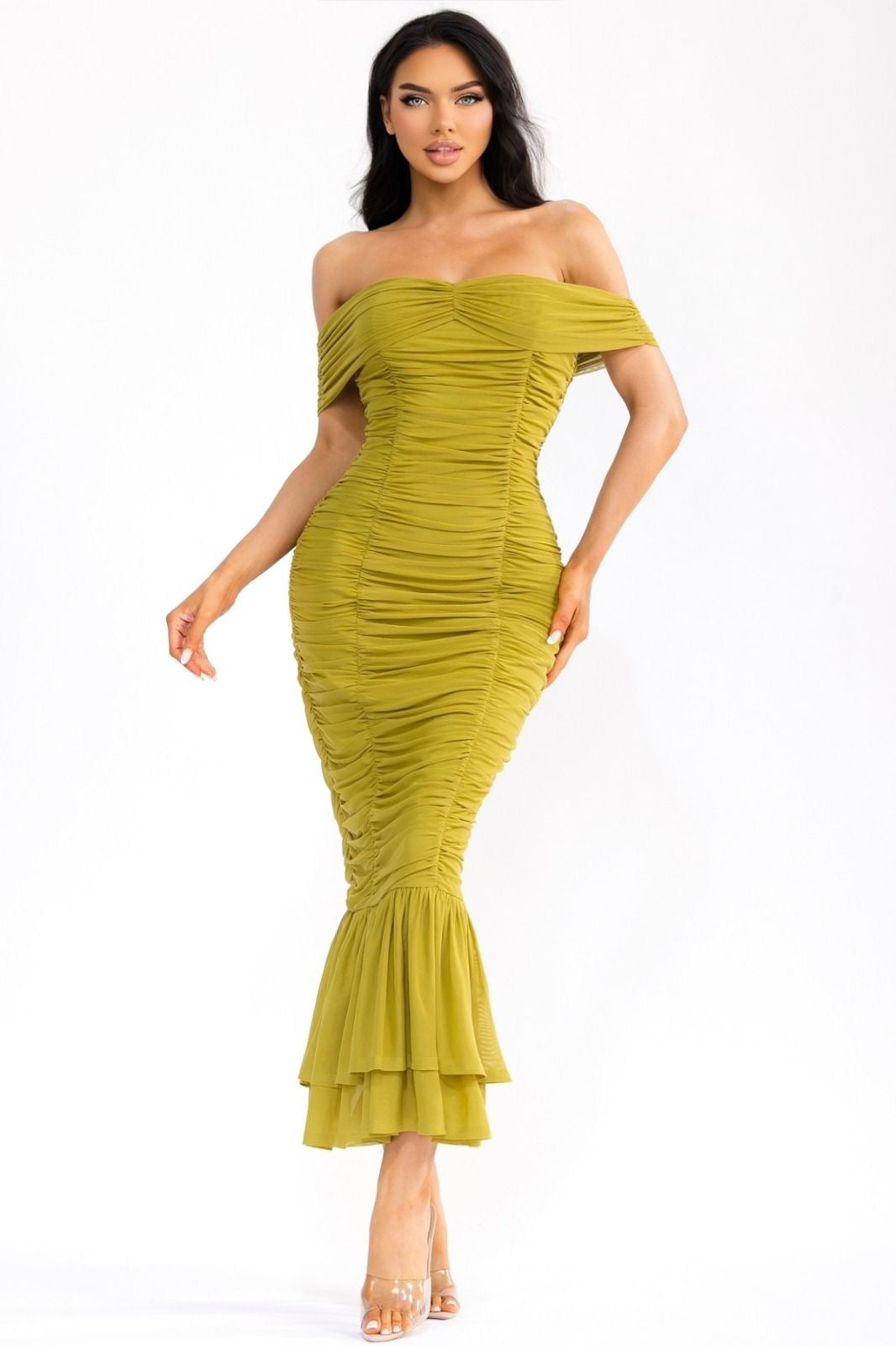 Mystic Green Ruched Midi Dress - Estira, Stretchy