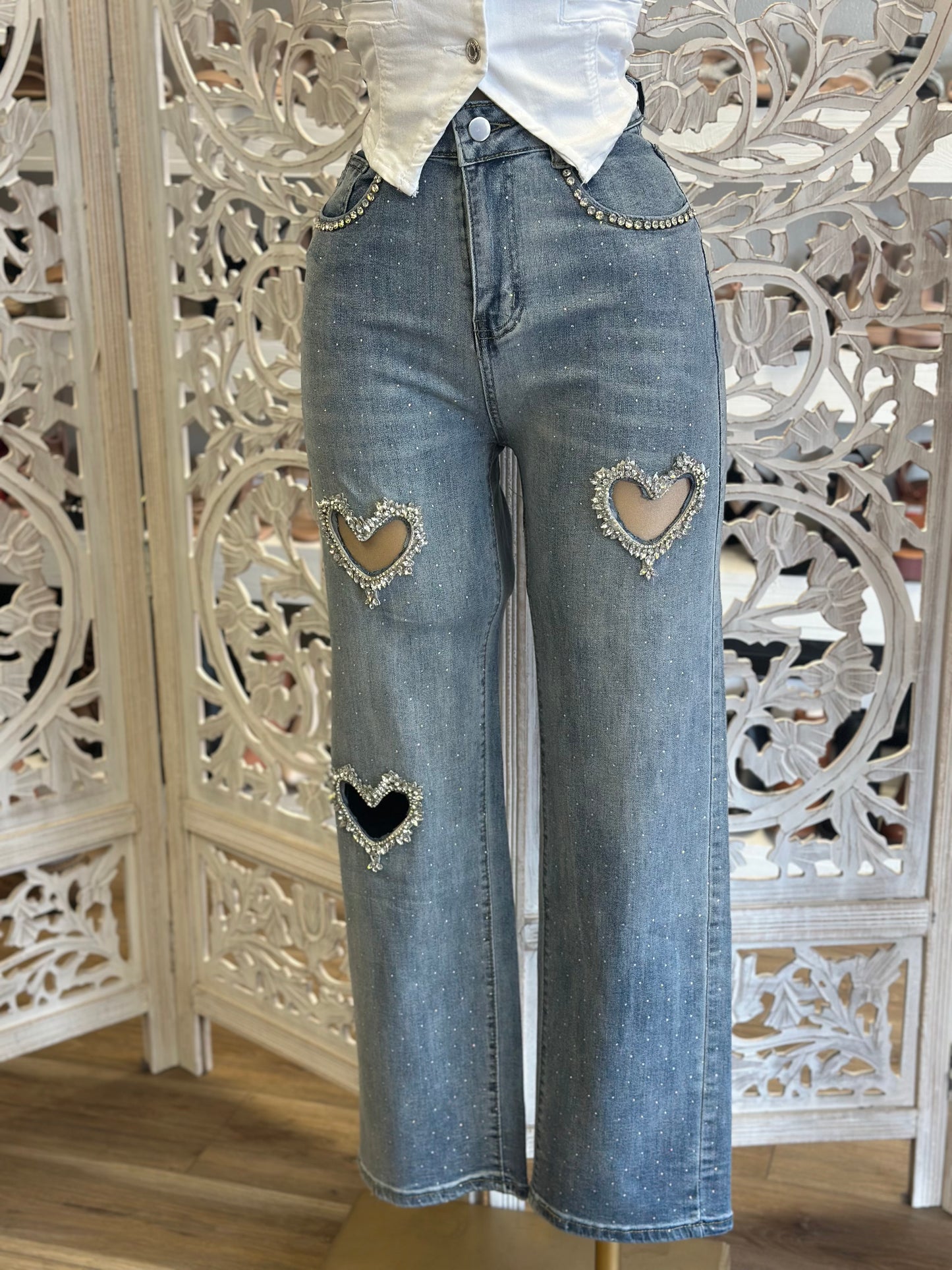 Heart Cutout Rhinestone Jeans- Stretchy