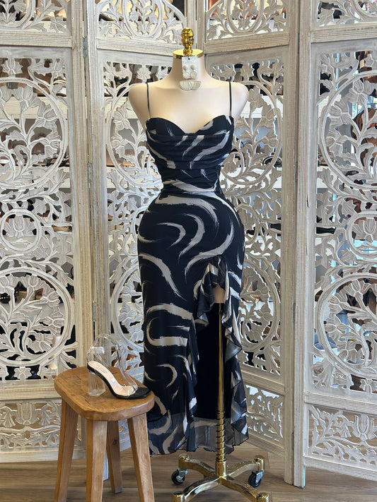 Black Marble Ruffle Dress-Estira, Stretchy