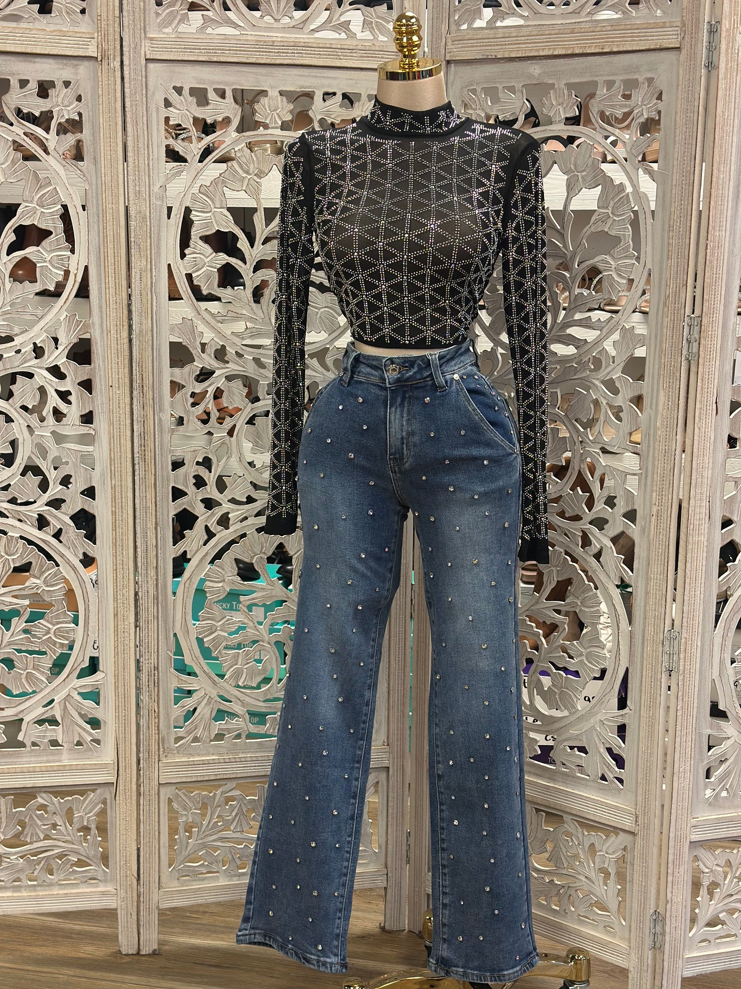 Rhinestone Dark Wash Denim Straight Jeans - Stretchy, Estira