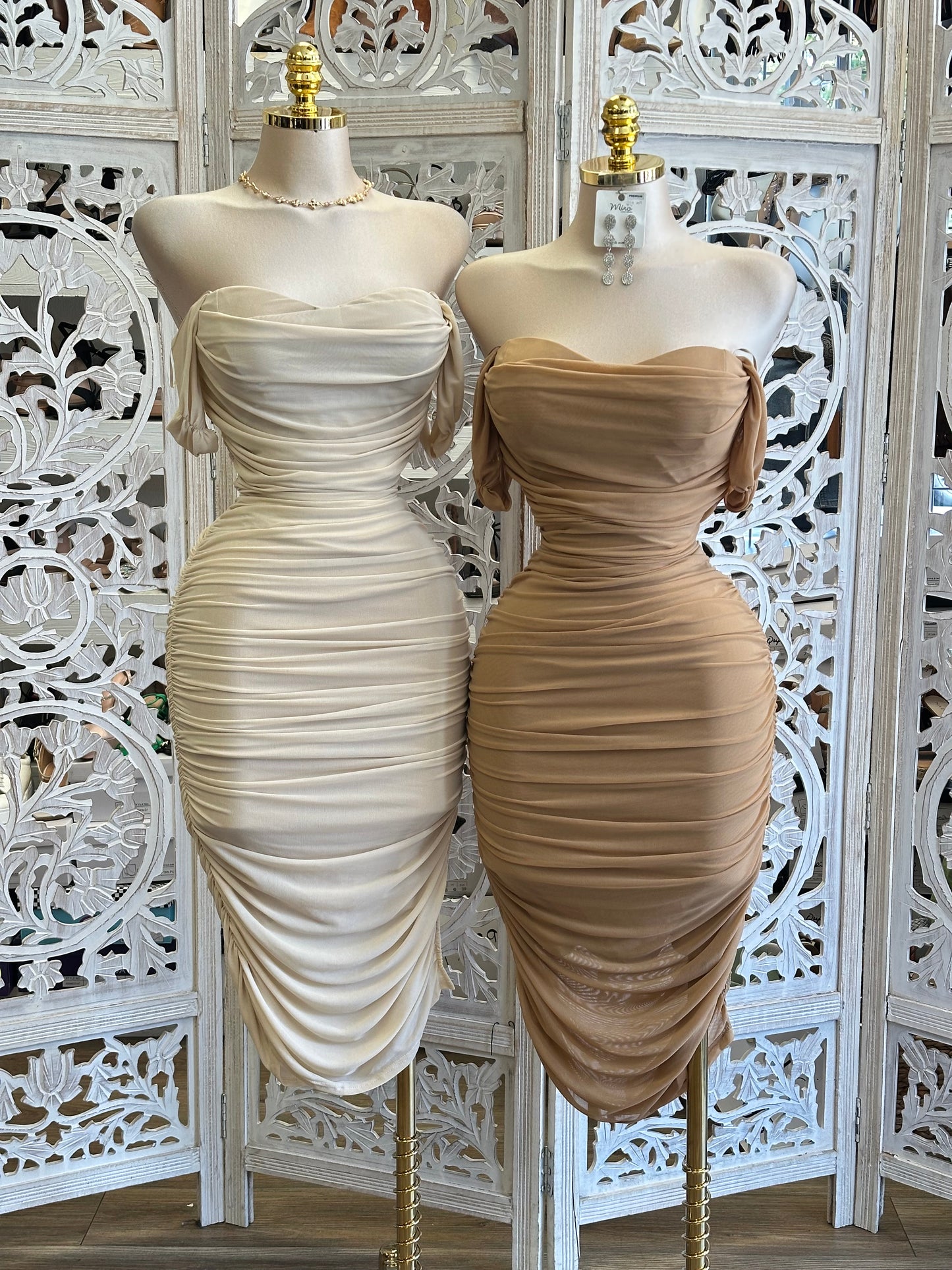 Off Shoulder Ruched Dress- Stretchy, Estira