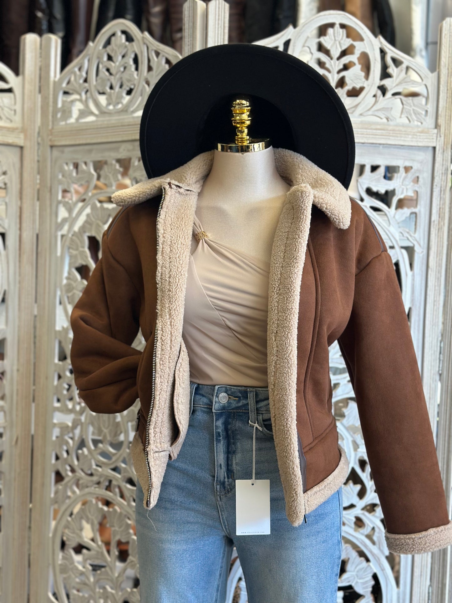 Brown Suede Sherpa Full Zip Jacket