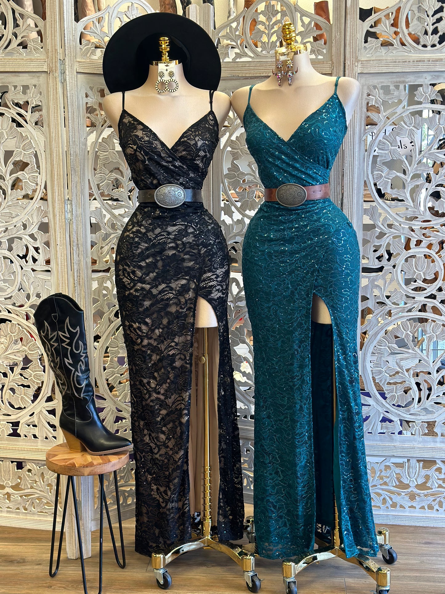 Sparkly Lace High Slit Maxi Dress- Slightly Stretchy, Estira Poco