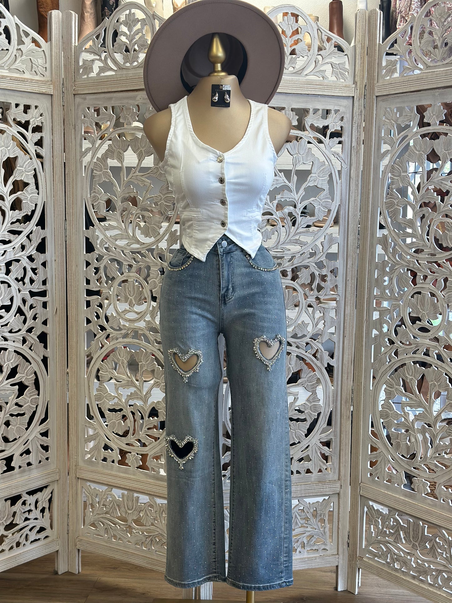 Heart Cutout Rhinestone Jeans- Stretchy