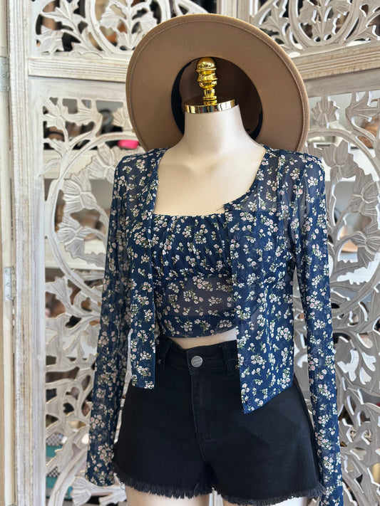 Deep Blue Floral Sweater and Blouse - Estira, Stretchy