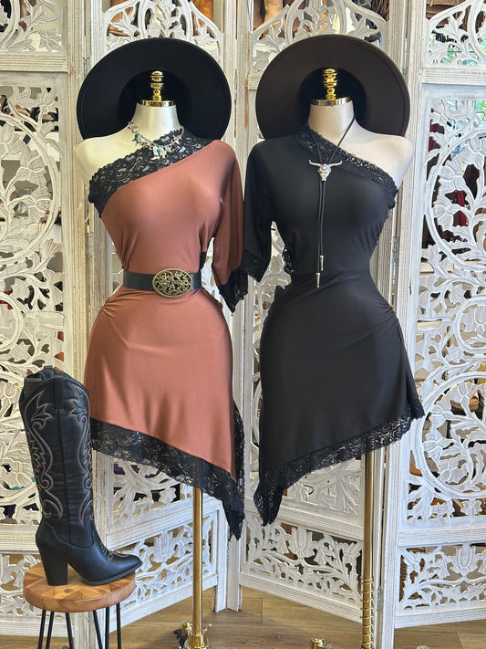 Asymmetrical Lace Slip One Sleeve Dress- Estira, Stretchy