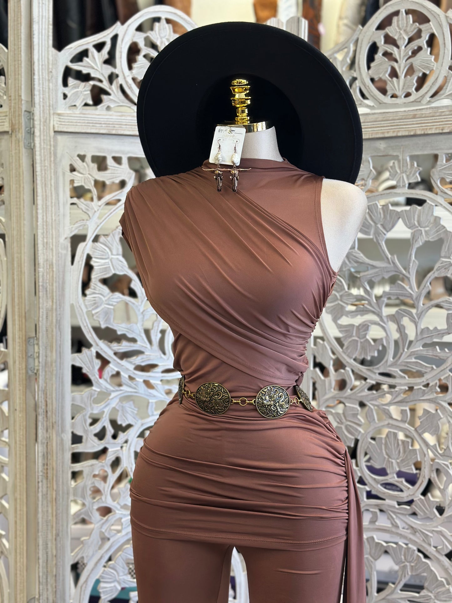 Brown Wrapped Blouse and Pants Set- Stretchy, Estira