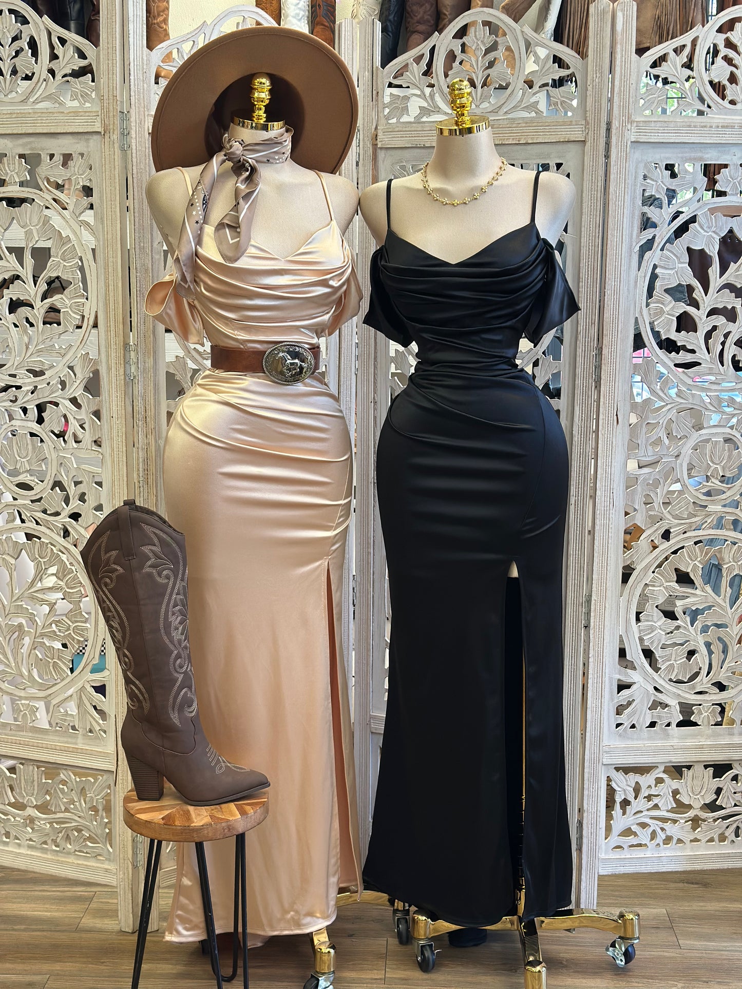 Vienna Off-Shoulder Ruched Satin Evening Dress-Estira Stretchy