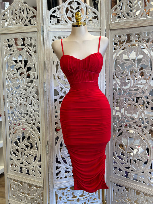 Red Cami Midi Dress- Stretchy, Estira