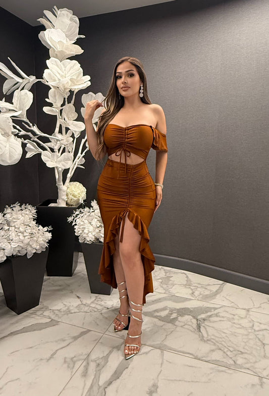 Dull Brick Cutout Scrunched Dress- Stretchy, Estira