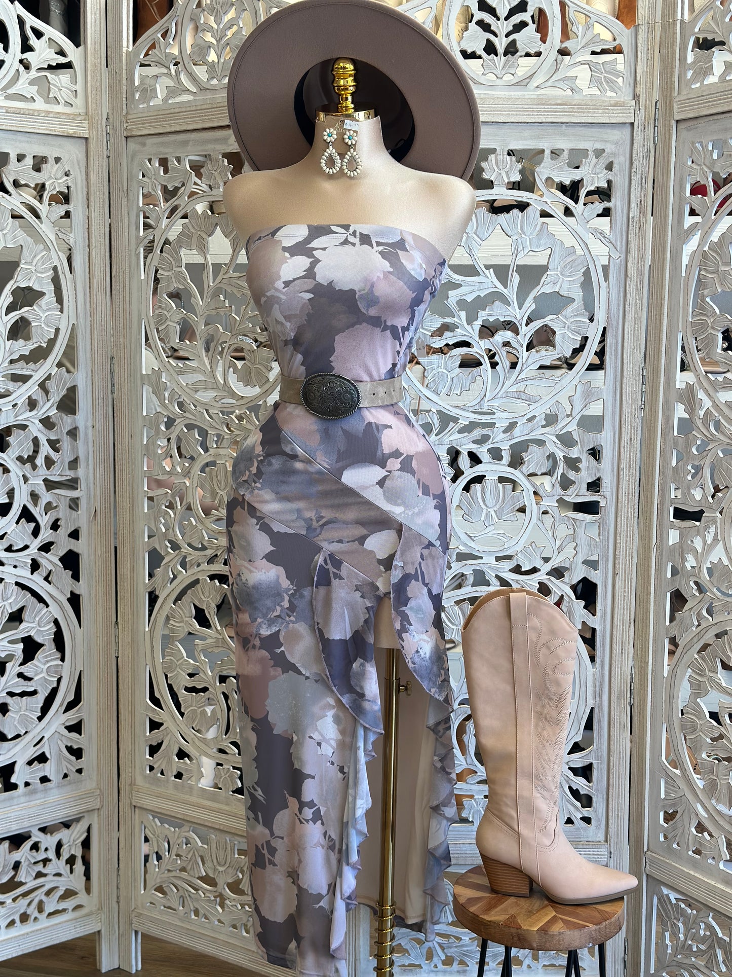 Purple Patterned Strapless Ruffled Dress- Stretchy, Estira