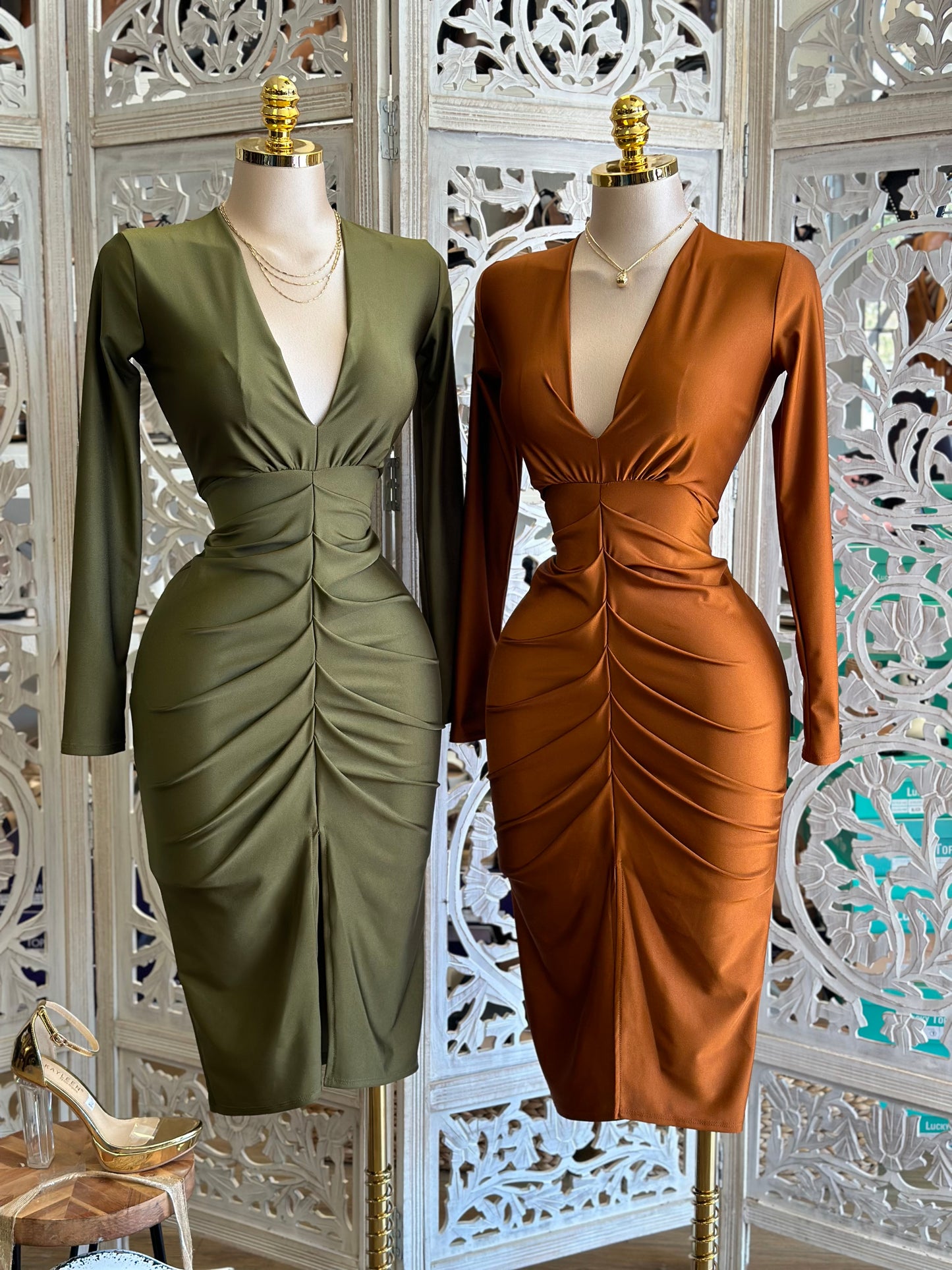Deep V Long Sleeve Ruched Dress- Stretchy,Estira