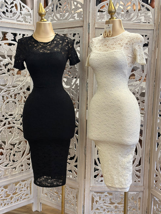 Lace Short Sleeve Dress- Stretchy estira poco