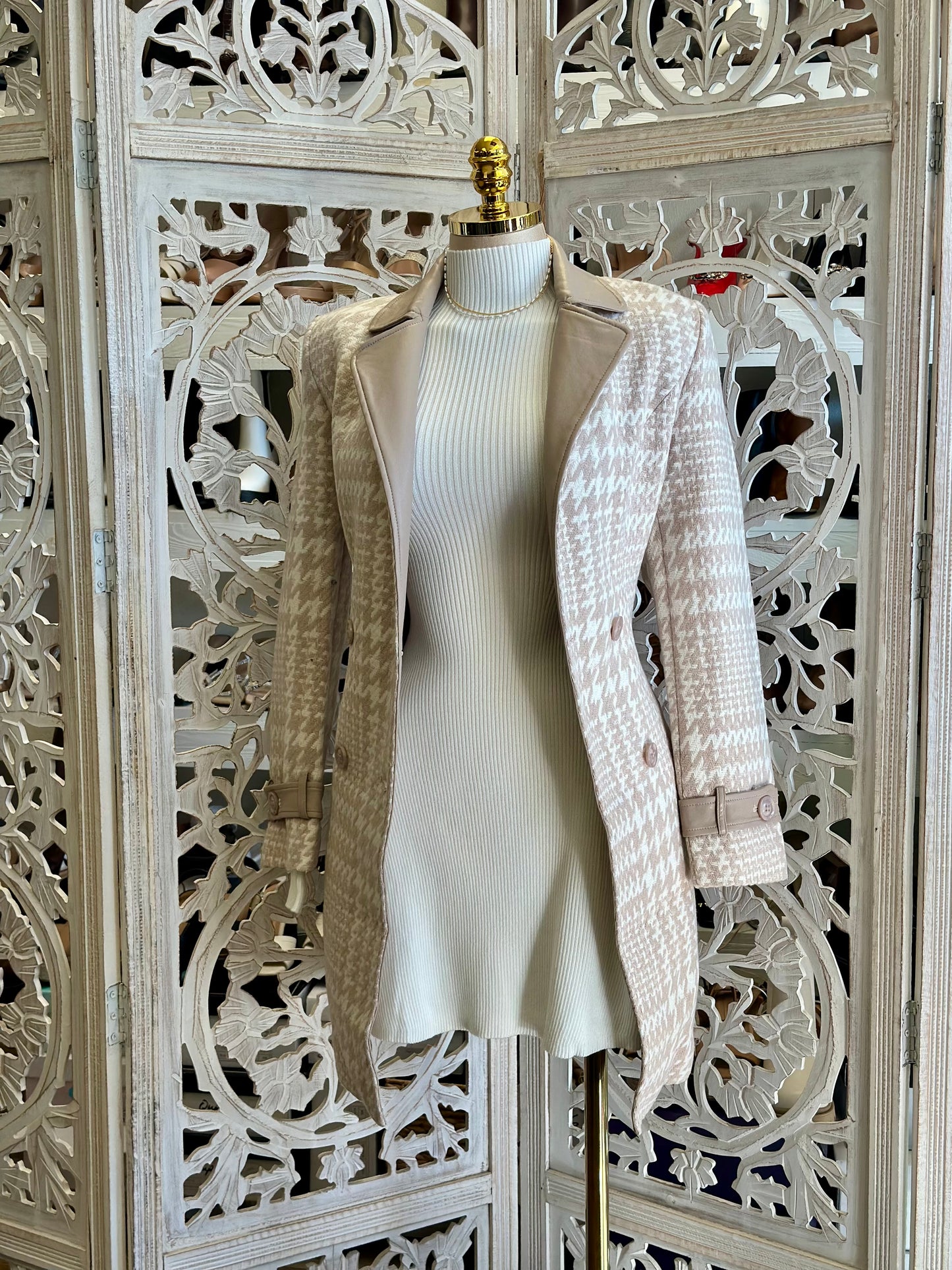 Neutral Houndstooth Midsize Coat