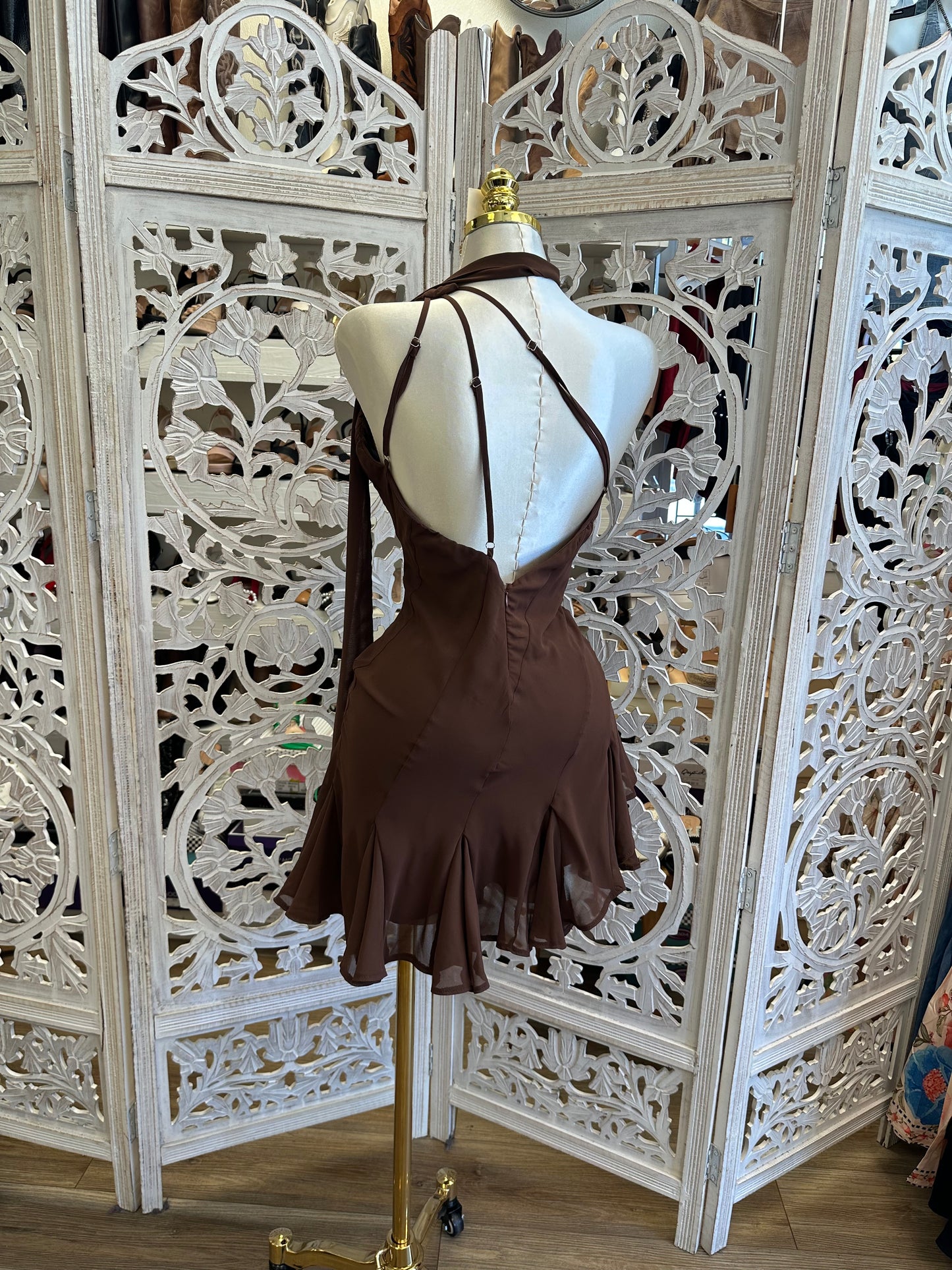 Brown Pleated Mini Dress -Not Stretchy, No Estira