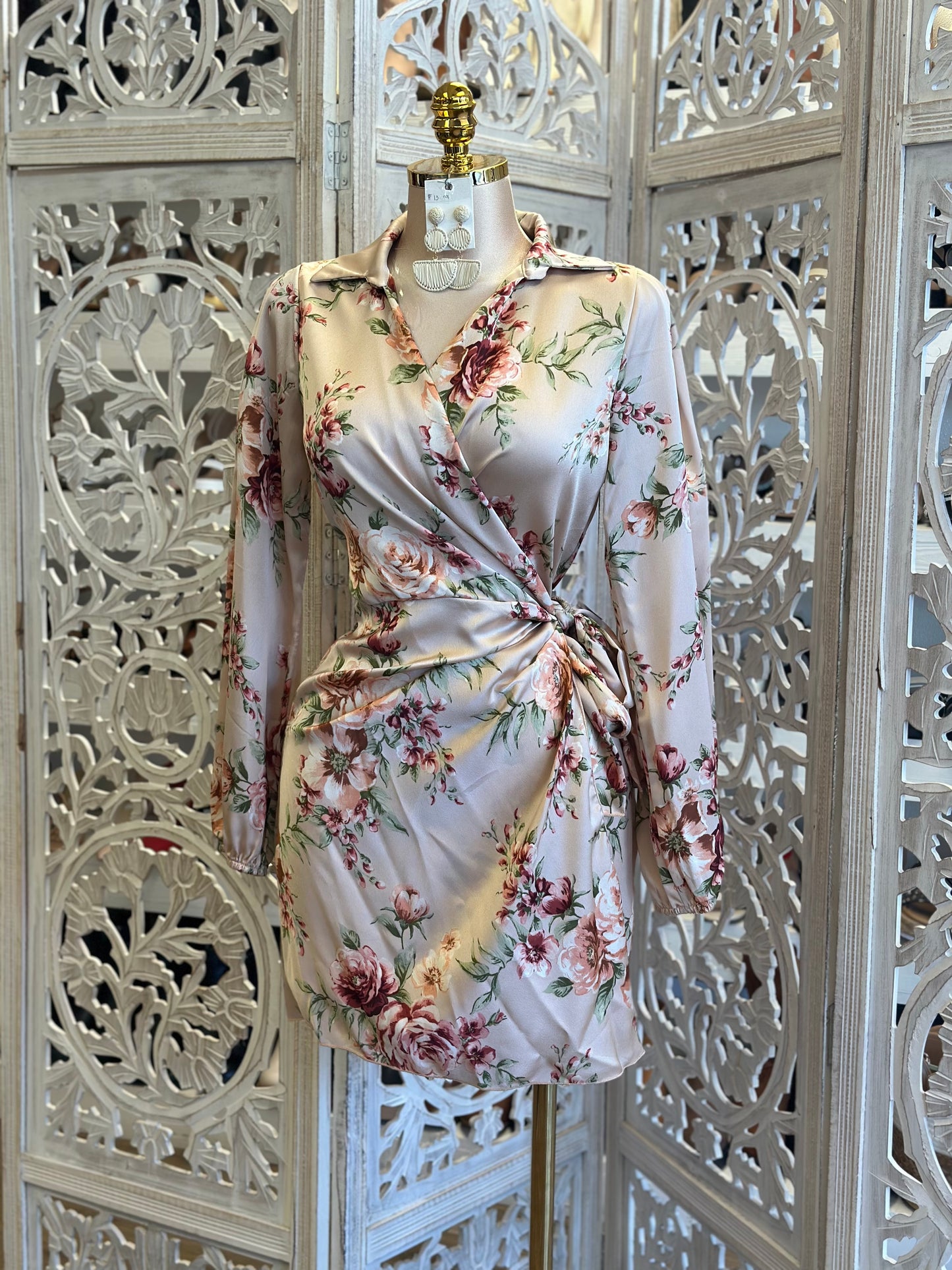 Satin Floral Wrapped Mini Dress- Estira, Stretchy