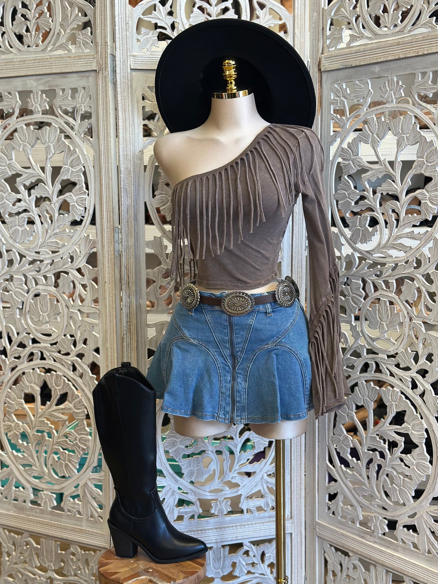 One Sleeve Brown Wash Fringe Blouse - Estira, Stretchy