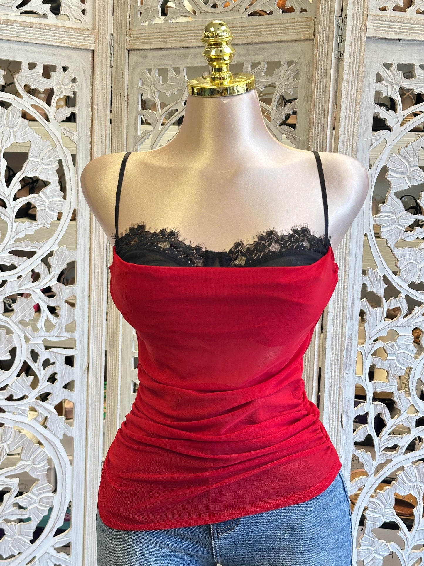 Peek Lace Red  Top- Estira , Stretchy