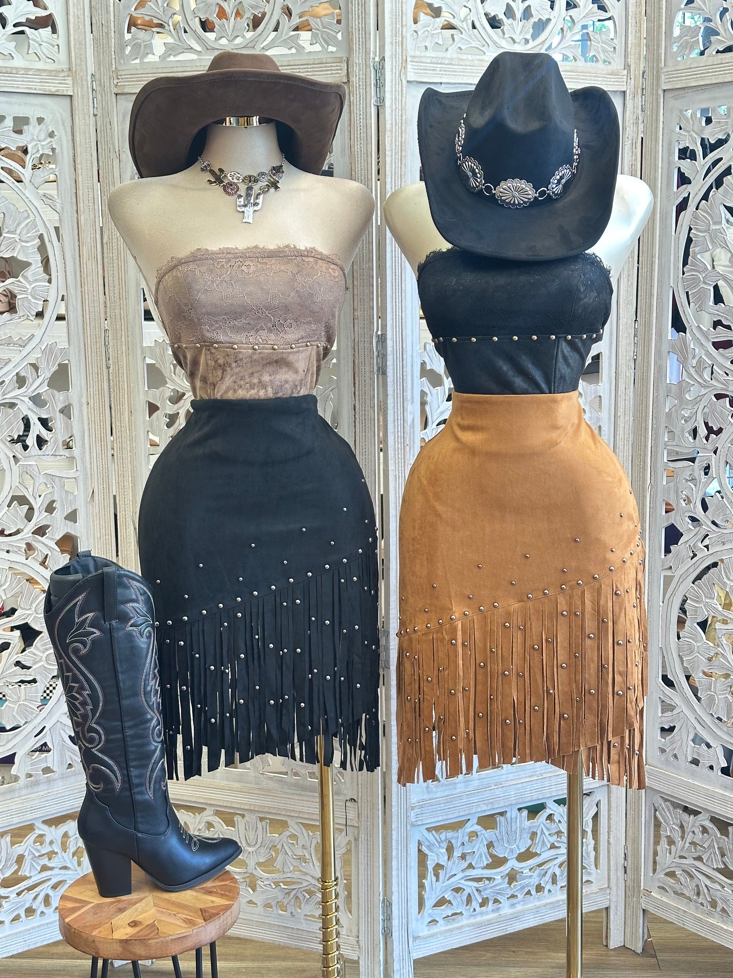 Fringe Studded Midi Skirt- Estira , Stretchy