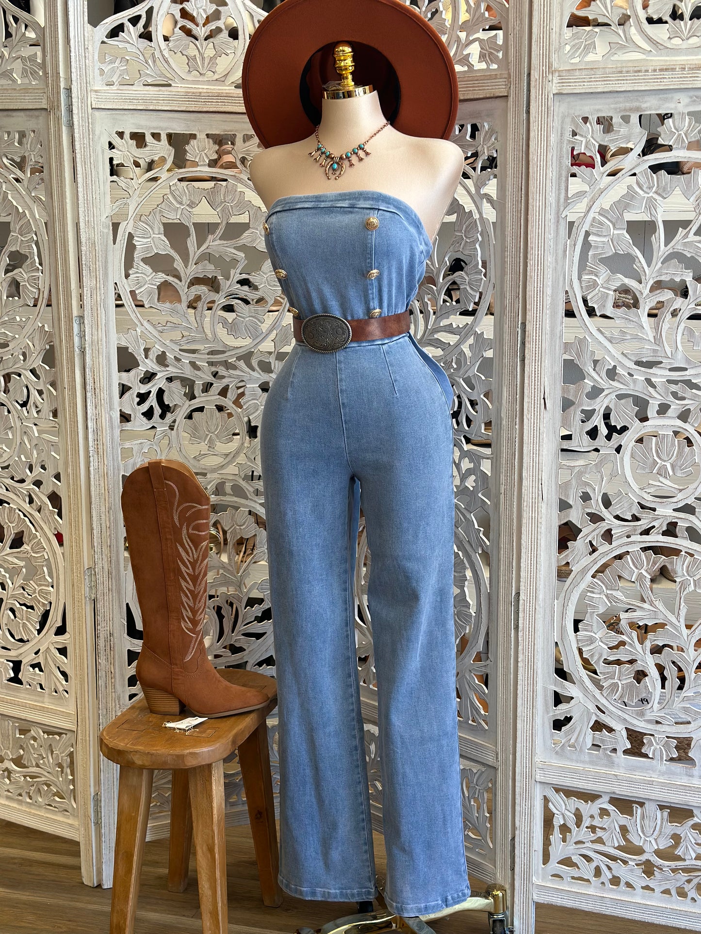 Strapless Denim Button Jumpsuit- Stretchy