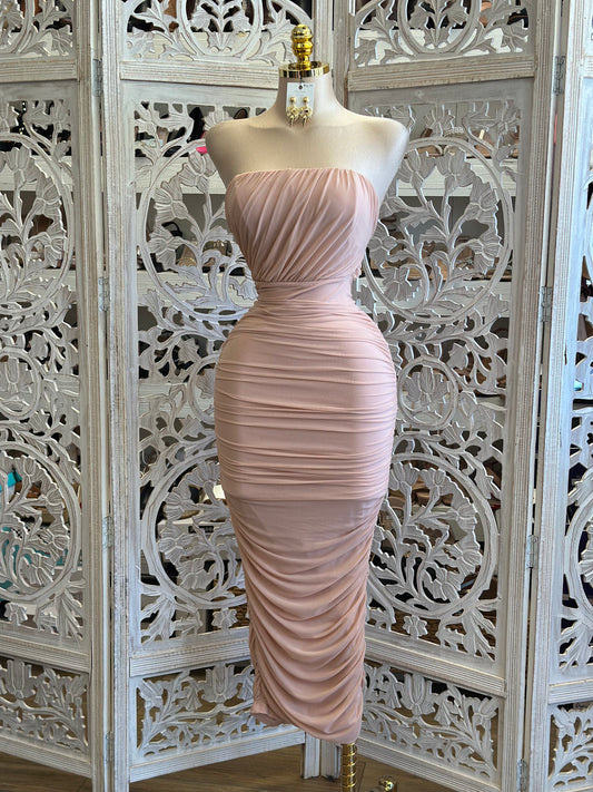 Pastel Pink Wrapped Midi Dress - Estira, Stretchy