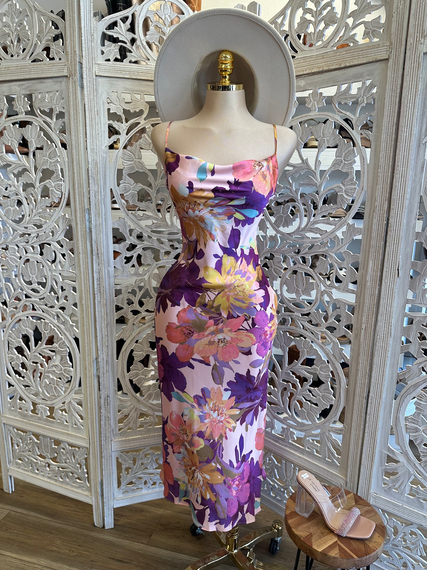 Cowl Neck Multi Colored Floral Midi Dress- No Estira, Not Stretchy