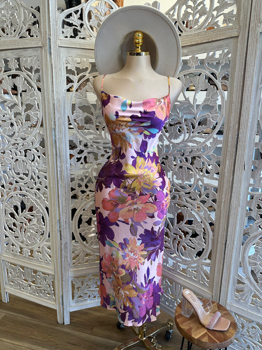 Cowl Neck Multi Colored Floral Midi Dress- No Estira, Not Stretchy