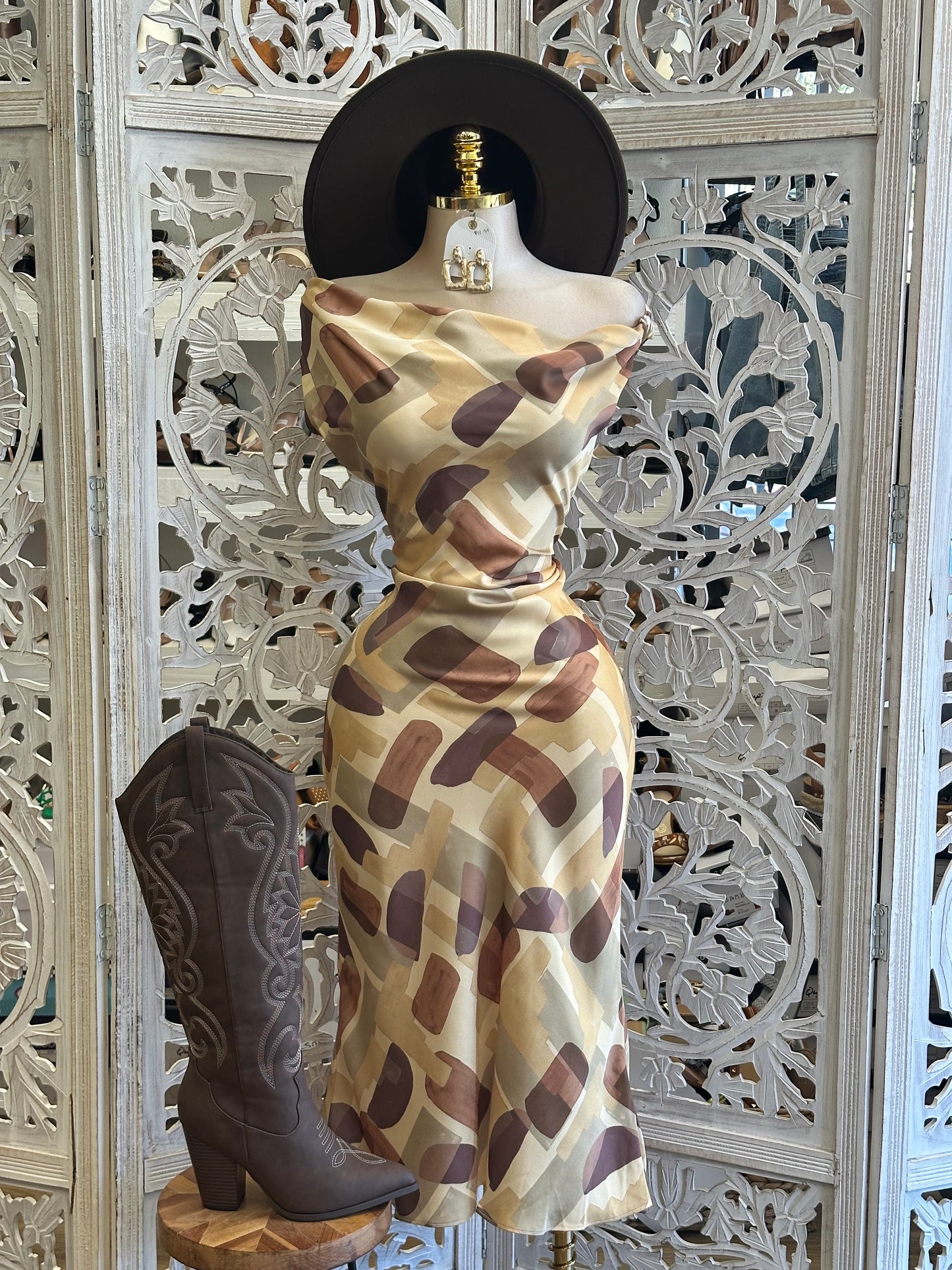 Abstract Brushstroke Satin Dress-Not Stretchy, No Estira