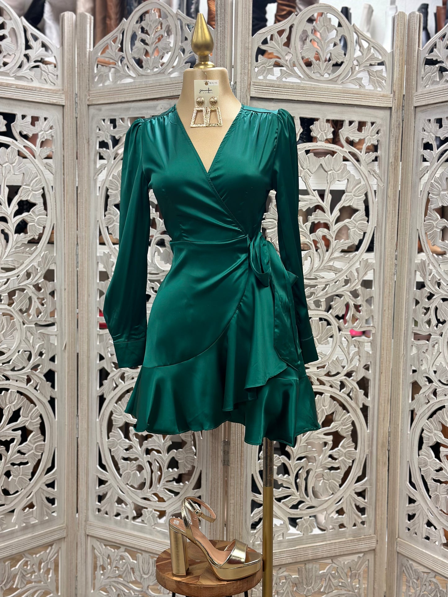 Forest Green Silky Wrapped Dress