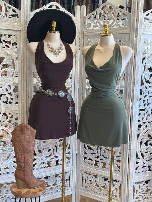 Cowl Neck Backless Mini Dress - Estira, Stretchy