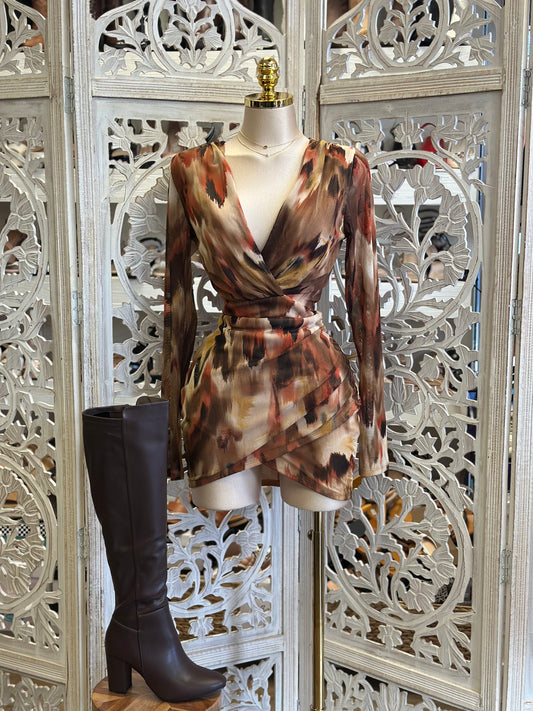 Abstract Print Deep V Mini Dress -  Estira, Stretchy