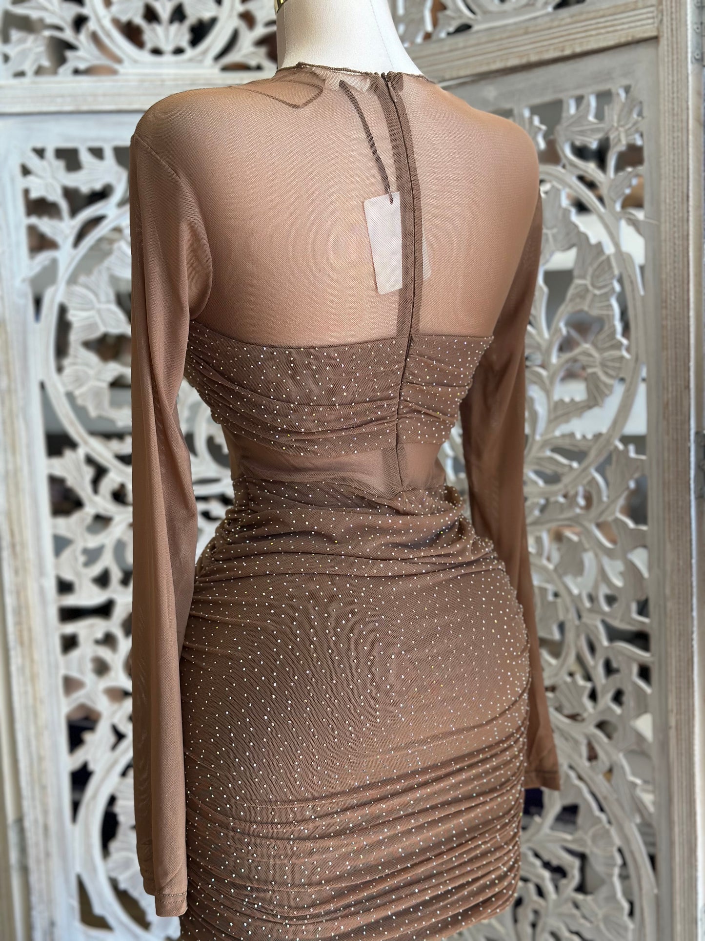 Mesh Rhinestone Mini Dress- Stretchy, Estira