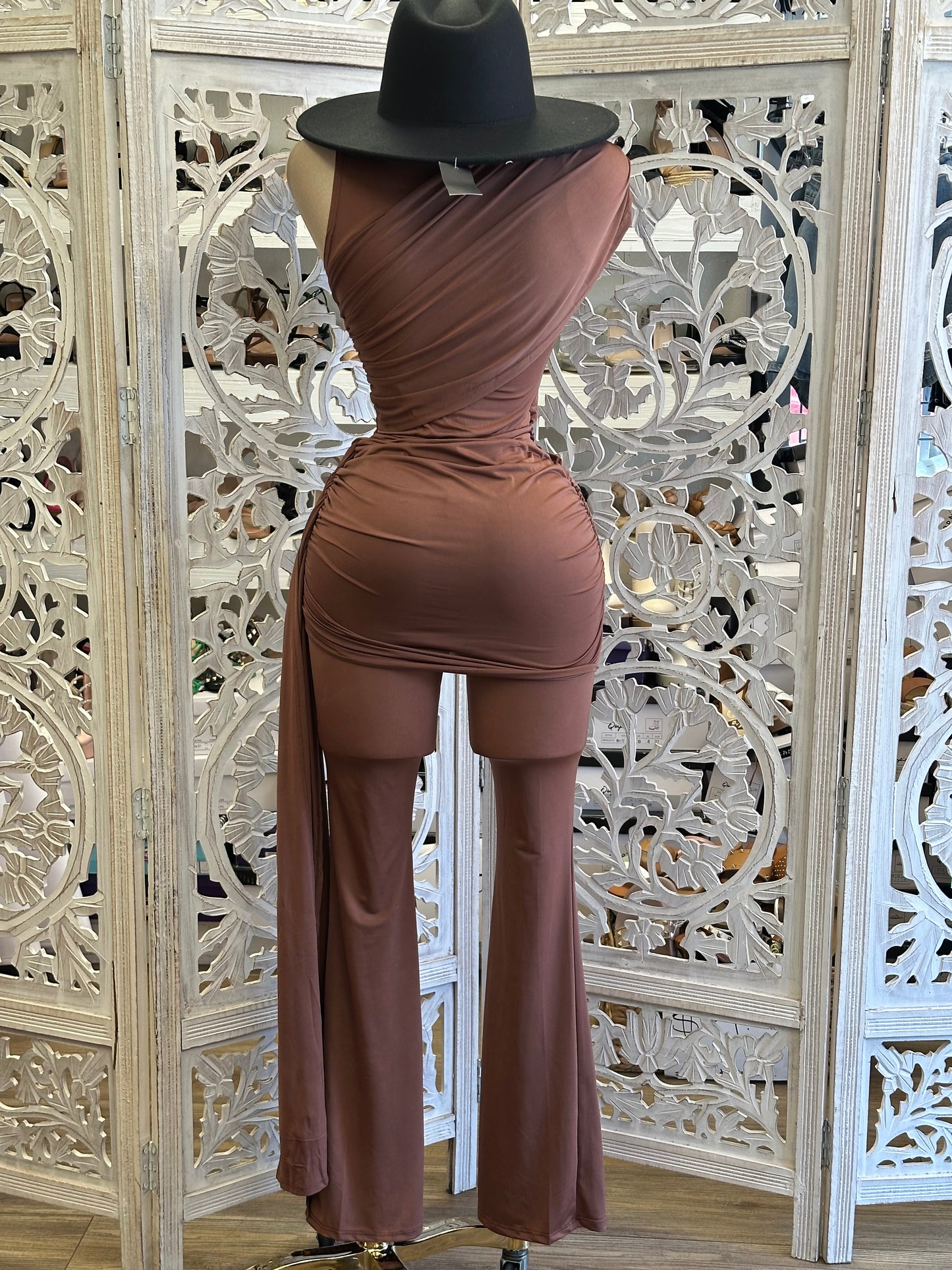 Brown Wrapped Blouse and Pants Set- Stretchy, Estira