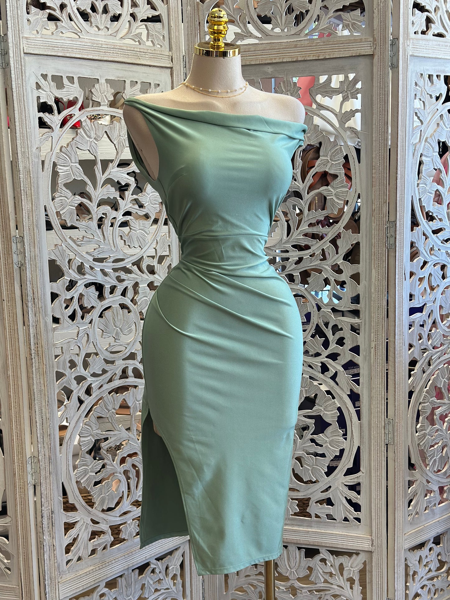 Ocean Green Asymmetrical Midi Dress - Estira, Stretchy