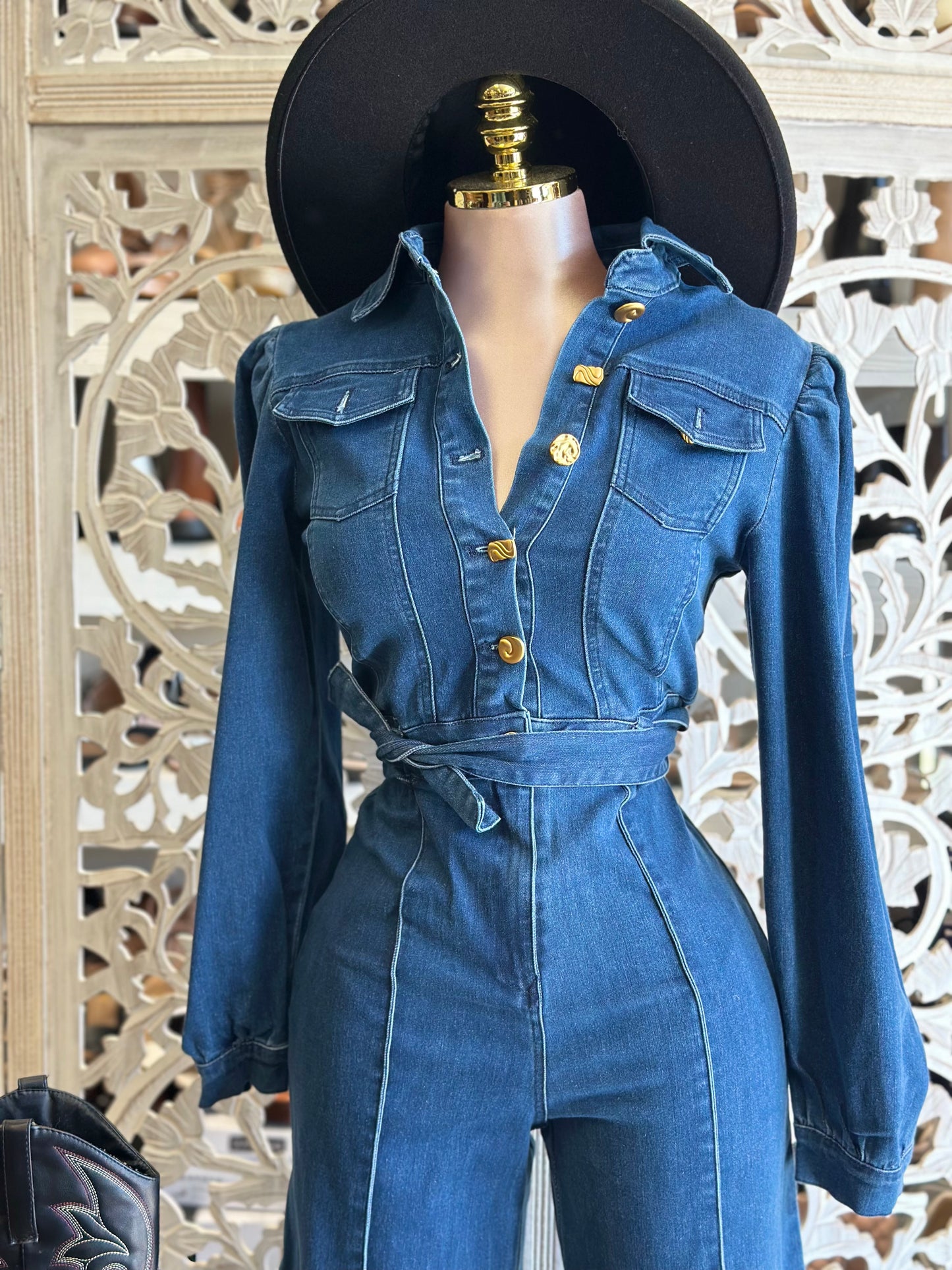 Denim Gold Button Up Jumpsuit - Stretchy,Estira
