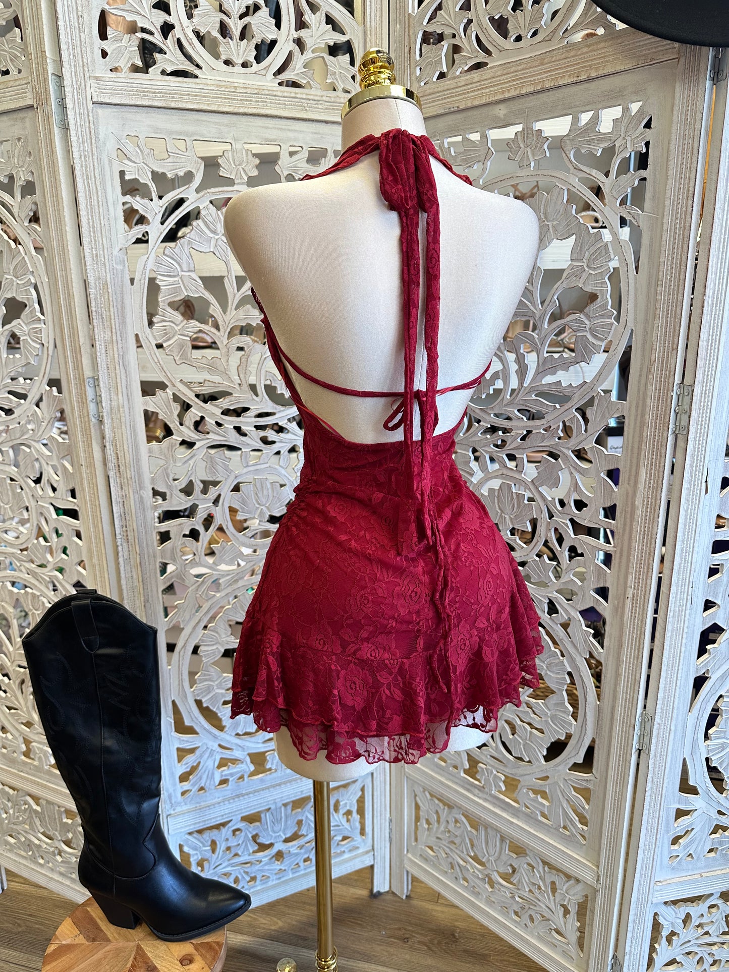 Deep Red Delicate Lace Mini Dress- Estira, Stretchy