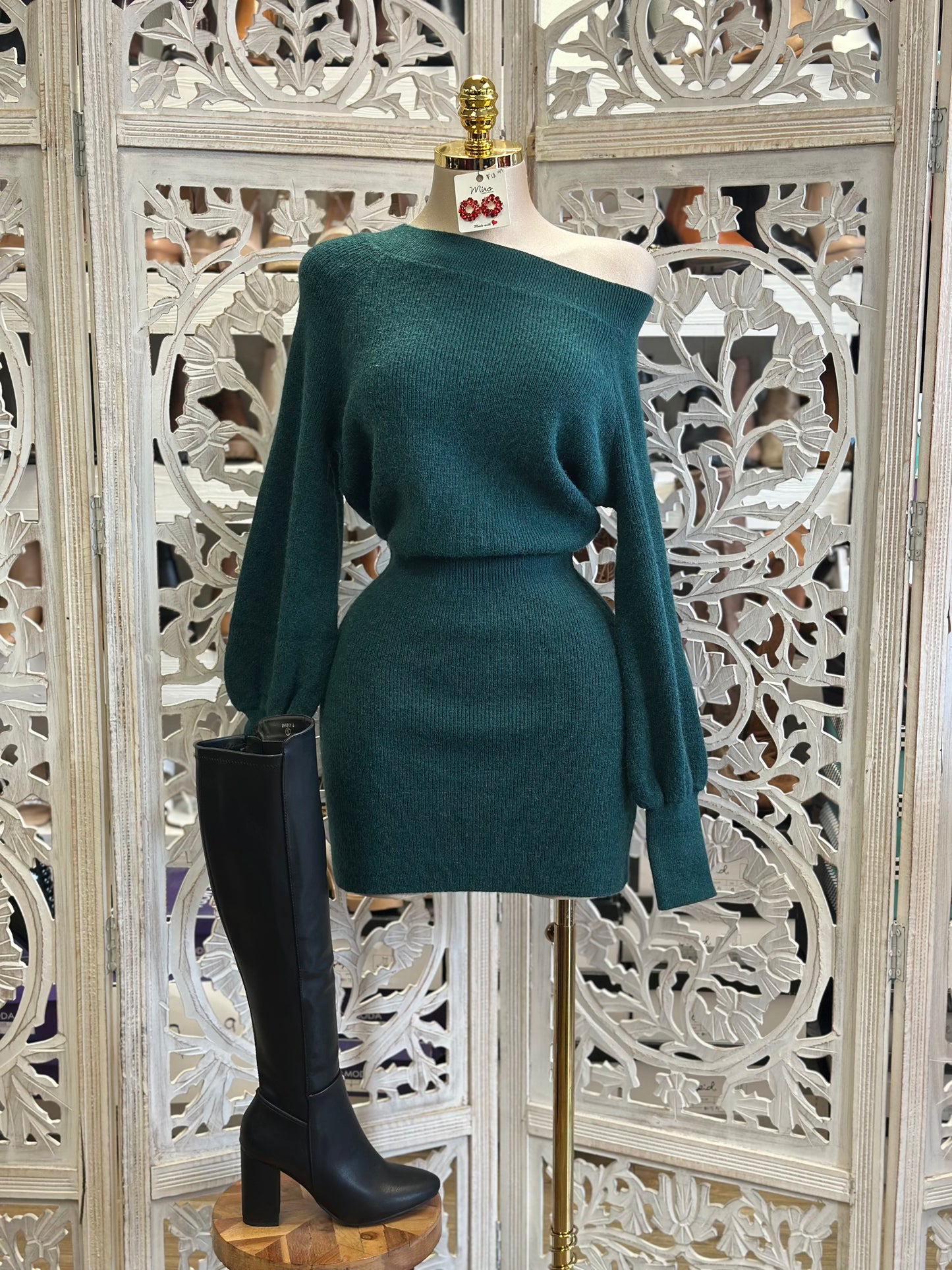 Draped Shoulder Deep Green Dress- Stretchy,Estira