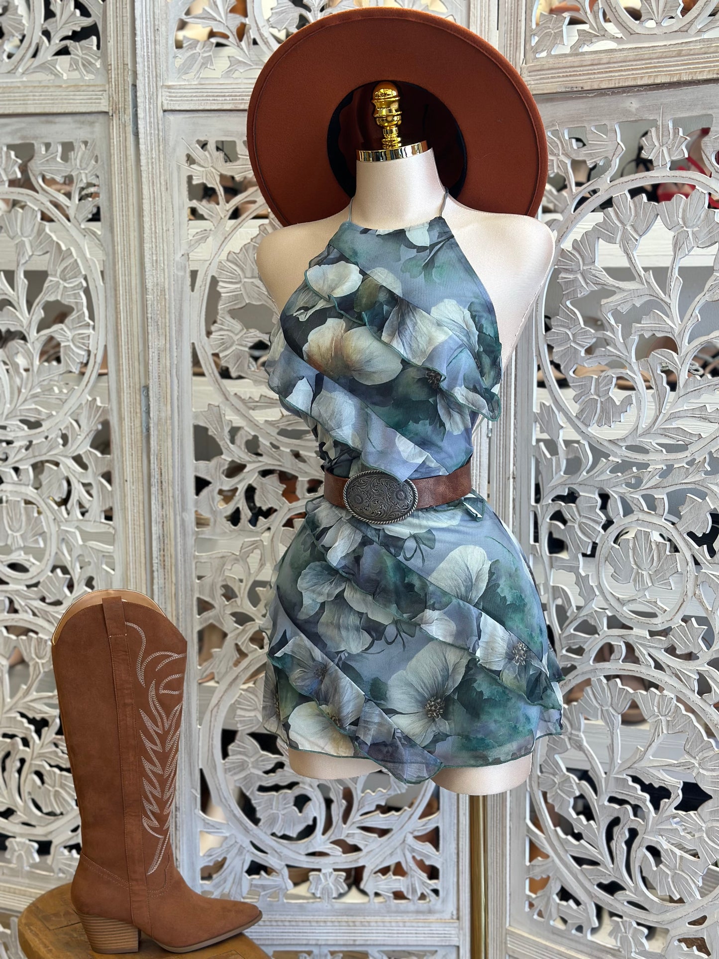 Ruffle Floral Pattern Mini Backless Dress- Stretchy, Estira