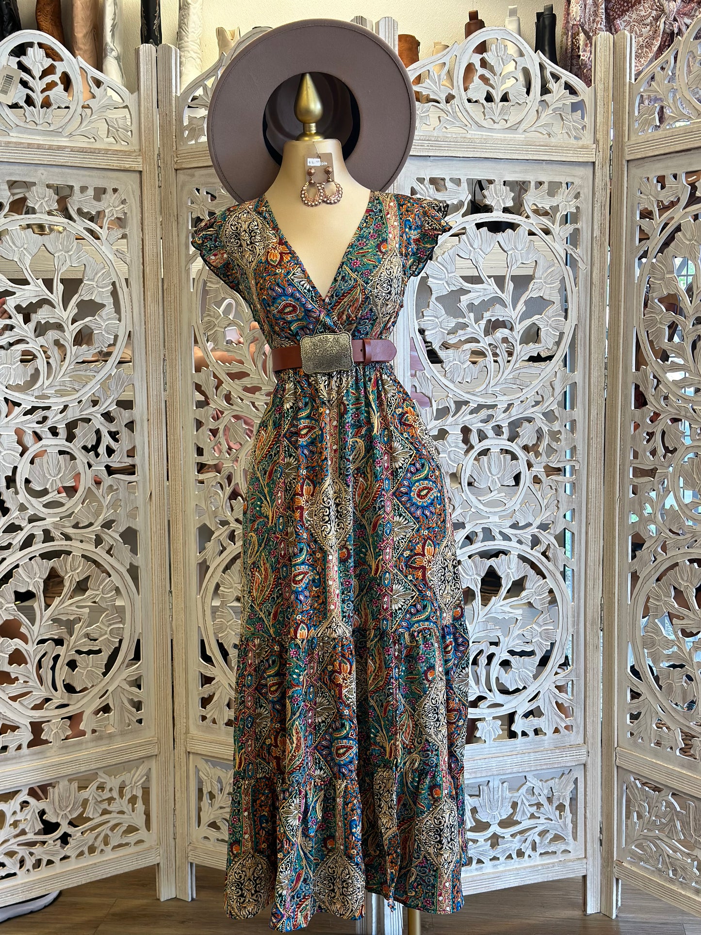 Multi Pattern Maxi Western Dress- Stretchy