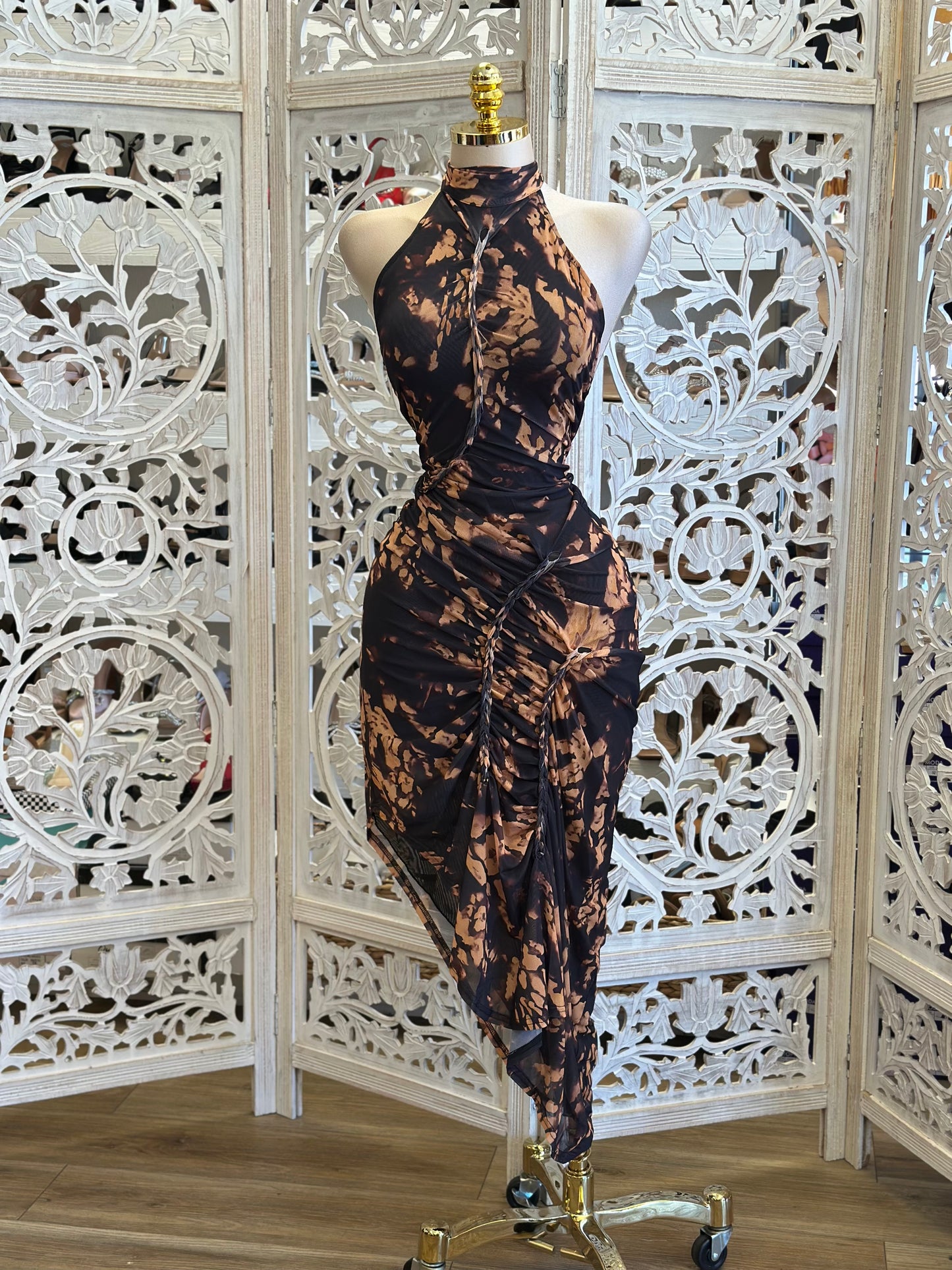 High Neck Brown and Black Midi Dress-Estira, Stretchy