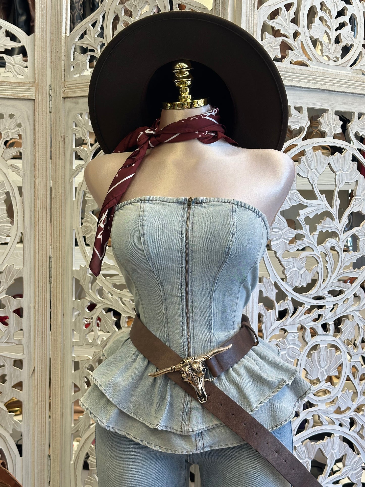 Denim Zip Up Strapless Top