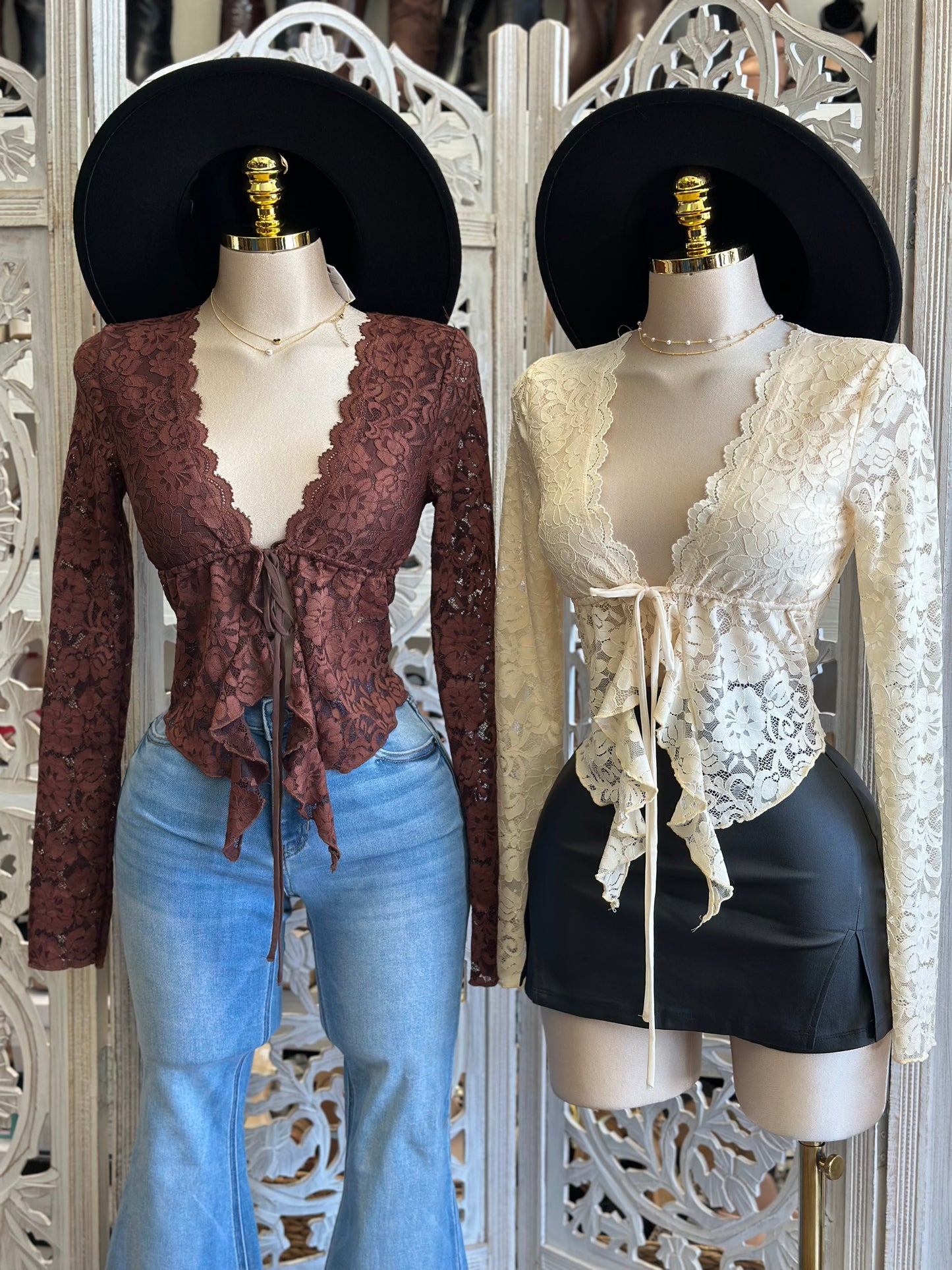 Black Lace Long Sleeve Blouse- Estira, Stretchy