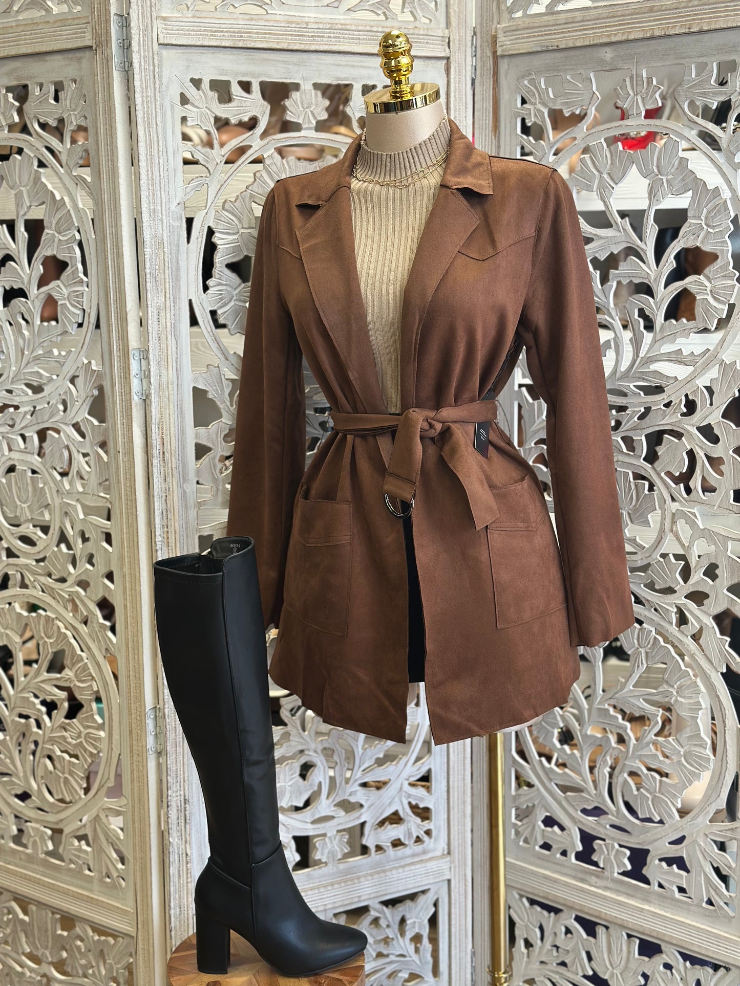 Brown Suede Pocketed Midsize Coat